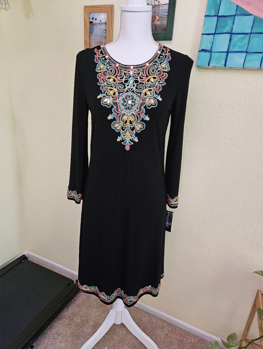 INC  Black Embroidered Long Sleeve Dress with Multicolor Detail Sz S